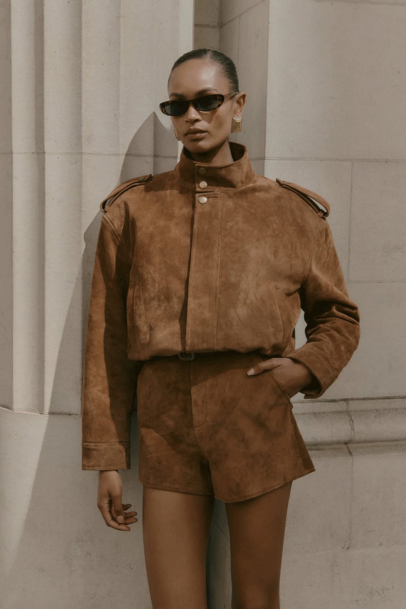Suede Cropped Bomber Jacket from De Savary London