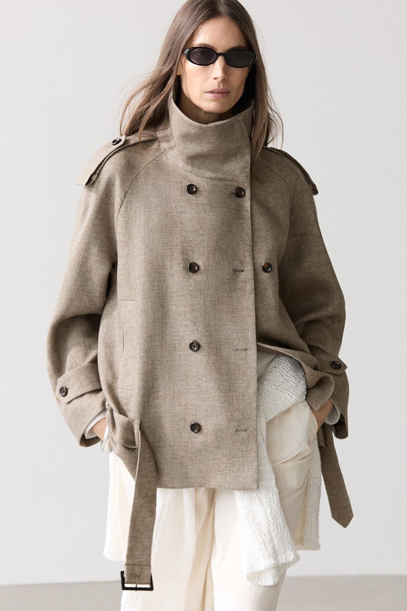Linen Melange High Neck Trench Coat