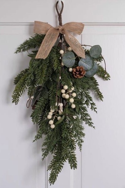 Artificial Mistletoe & Pine Cone Door Swag With Hessian Bow