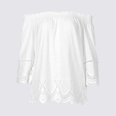 Pure Cotton Embroidered Bardot Top 