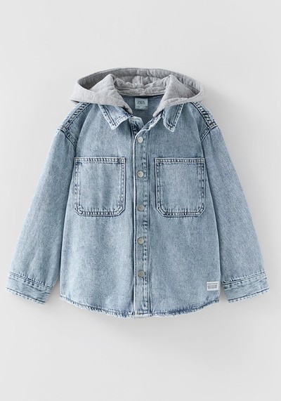 Faded Denim Overshirt With Detachable Hood