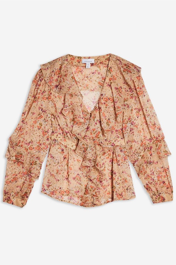 Ditsy Print Ruffle Button Down Blouse