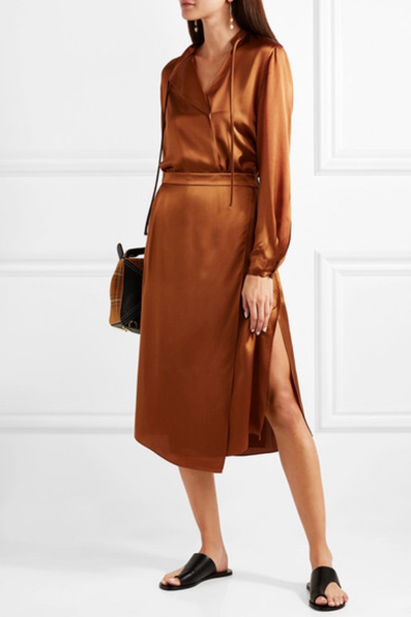 Asymmetric Wrap-Effect Silk-Satin Skirt from Vince