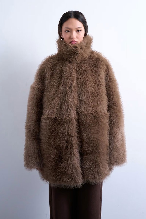 Faux Fur Funnel Neck Mid Length Coat from Topshop