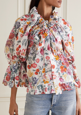 Thea Tie-Detailed Ruffled Floral-Print Cotton Blouse from Horror Vacui