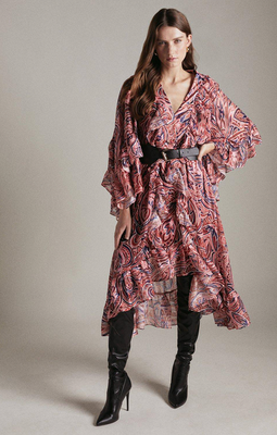 Belted Drama Sleeve Paisley Kimono Dress
