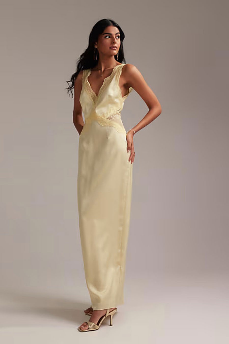 Plunge Neck Lace Detail Satin Column Maxi Dress from ASOS Design