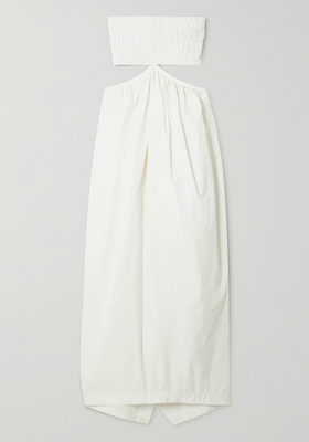 Strapless Cutout Shirred Poplin Maxi Dress