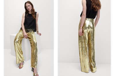 Sequin Pleat Front Wide Leg Trousers