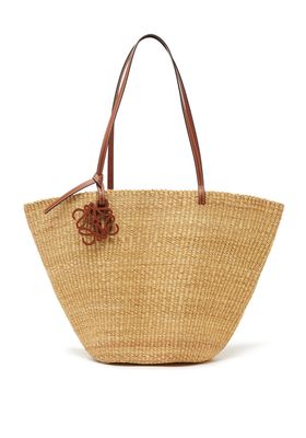 Shell Leather-Trim Raffia Basket Bag from Loewe