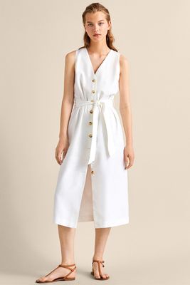 Belted Cotton/ Linen/ Lyocell Dress with Buttons from Massimo Dutti
