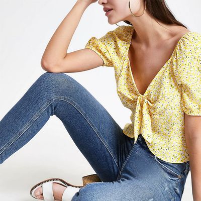 Yellow Floral Tie Front Wrap Top