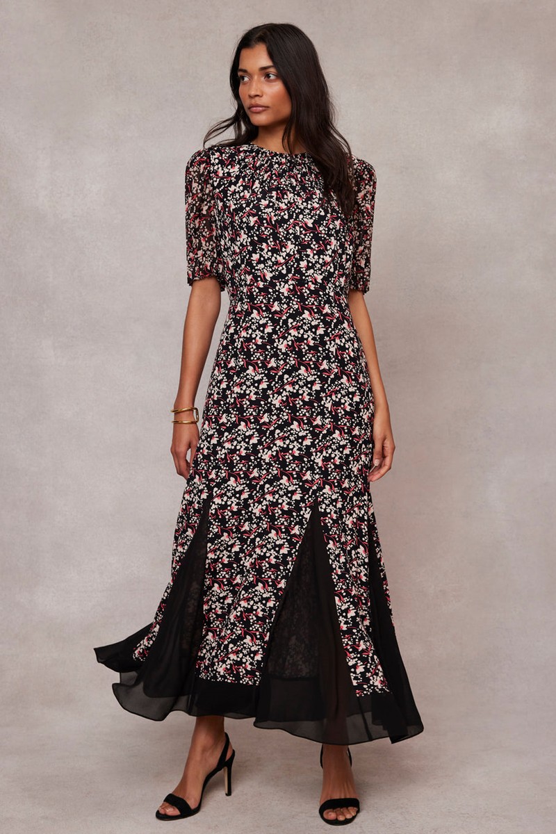 Black Floral Print Godet Maxi Dress from Mint Velvet