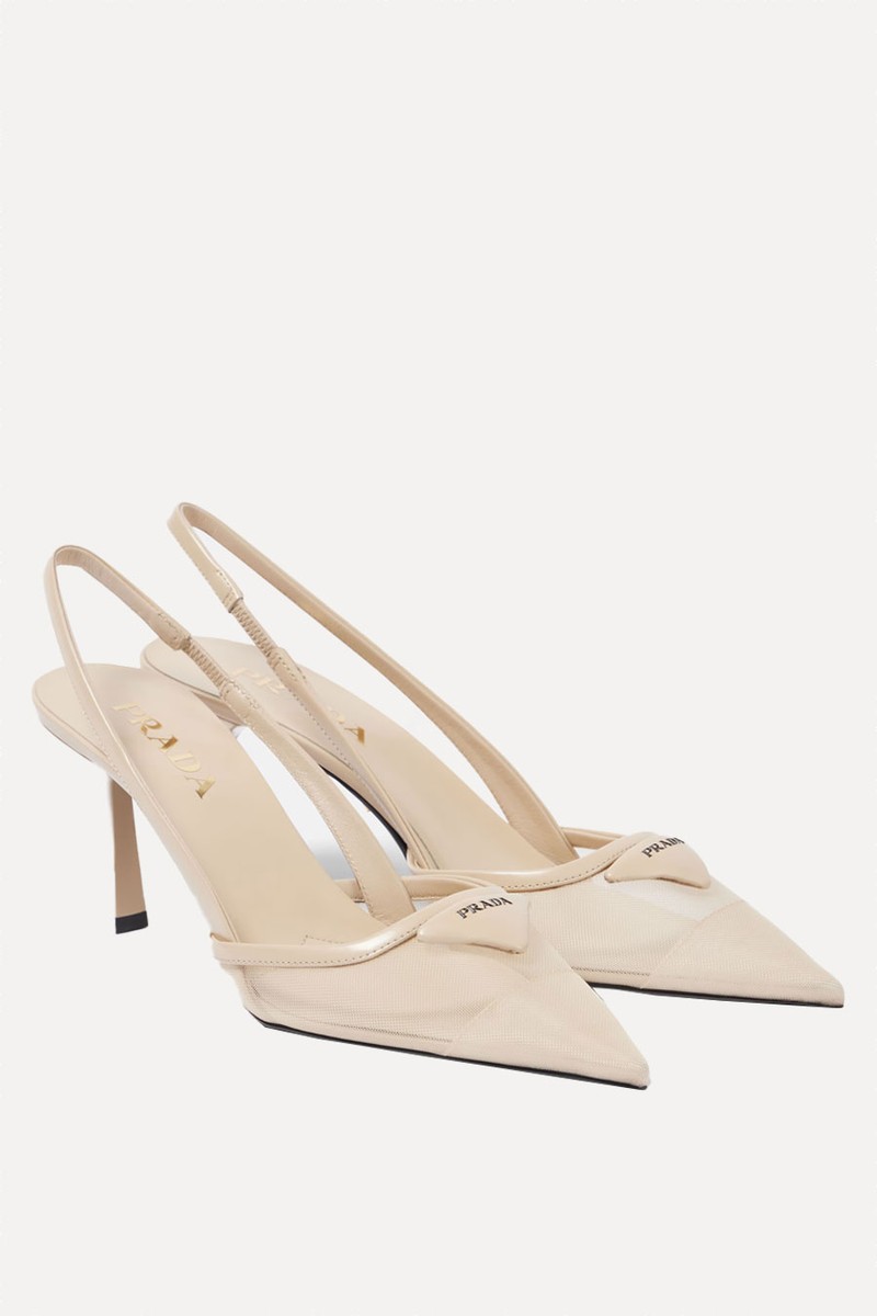 Logo Leather-Trimmed Mesh Slingback Pumps from Prada