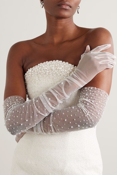 Embellished Ruched Tulle Gloves from Clio Peppiatt