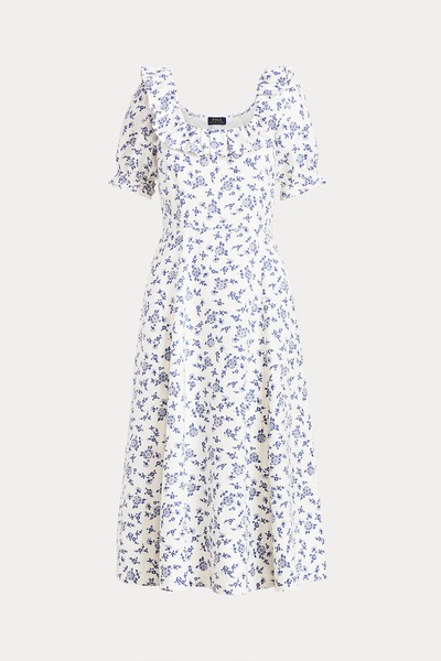 Floral Ruffle-Trim Linen Dress