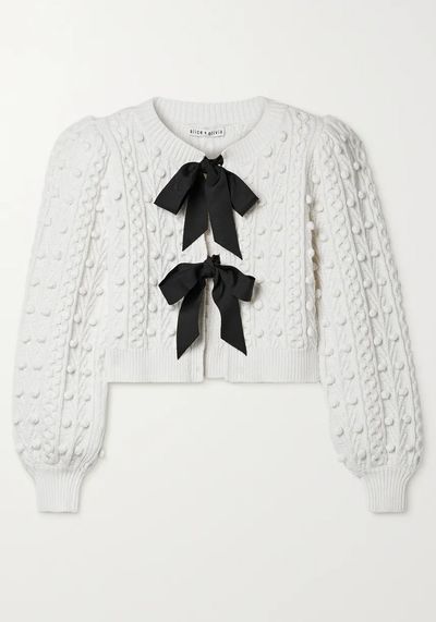 Kitty Grosgrain-Trimmed Cable-Knit Cardigan from Alice + Olivia