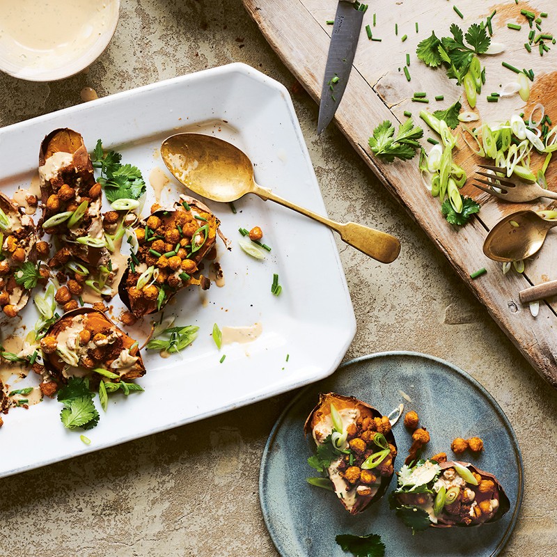 Baked Sweet Potato, Crispy Chickpeas With Tahini Dressing