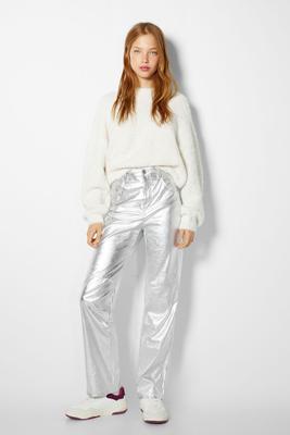 Metallic Faux Leather Straight Fit Trousers from Bershka