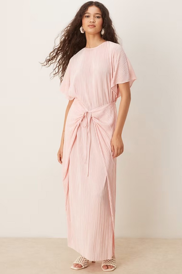 Plisse Short Sleeve Wrap Tie Maxi Dress In Baby Pink from ASOS DESIGN