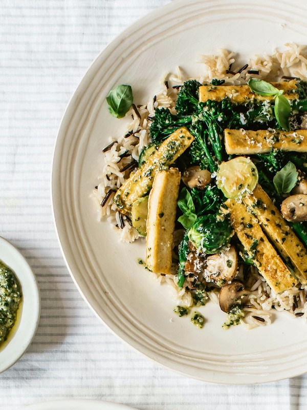 Sautéed Brussels Sprouts and Broccolini with Pesto and Wild Rice