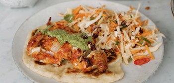 Sticky, Spicy Chicken Breast With Crunchy Summer Slaw, Homemade Flat Bread With Green Goddess Dressing