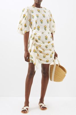 Pia Marigold-Print Puff-Sleeve Cotton Mini Dress from Rhode