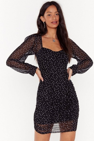 Polka Ruched Mini Mesh Dress from Nasty Gal