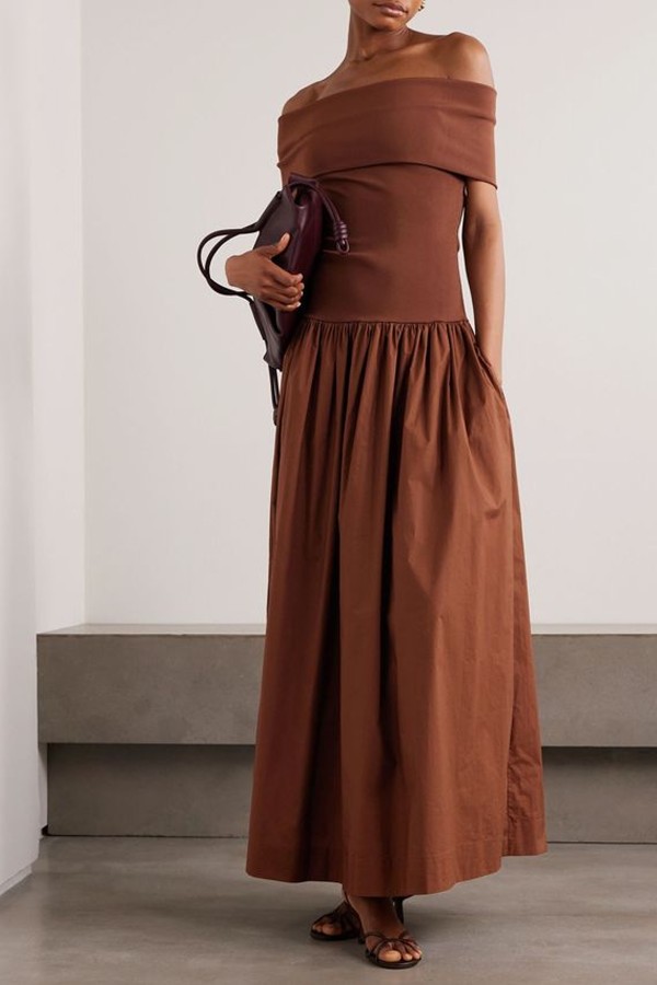 Off-The-Shoulder Stretch-Knit And Organic Cotton-Poplin Maxi Dress from ESSE Studios