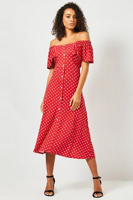 Tall Red Spot Print Bardot Dress