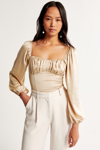 Long-Sleeve Satin Ruched Set Top