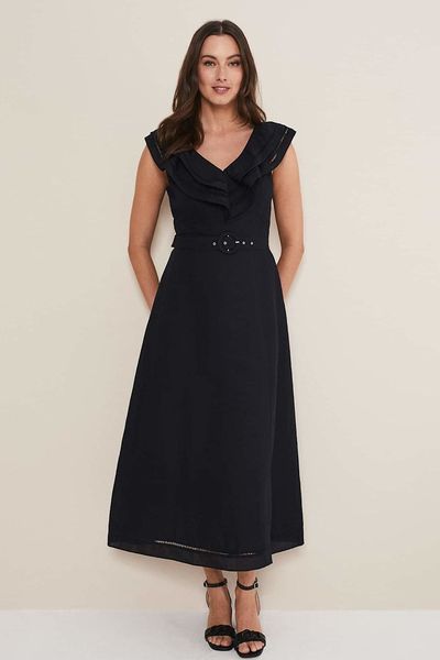 Julieta Black Linen Ruffle Broderie Midi Dress