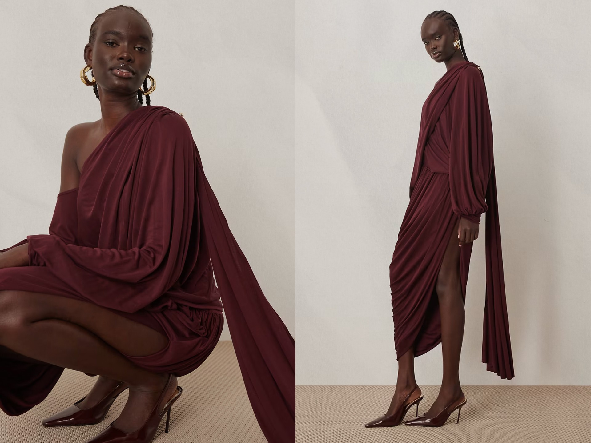 Fallen Shoulder Draped Midi Dress With Train Back  from ARRANGE