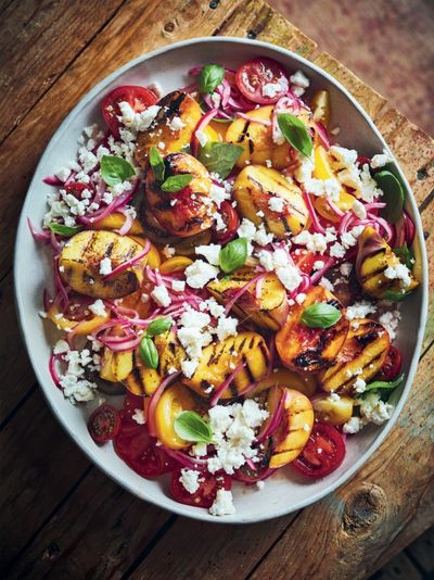 Grilled Peaches With Tomatoes, Basil And Feta