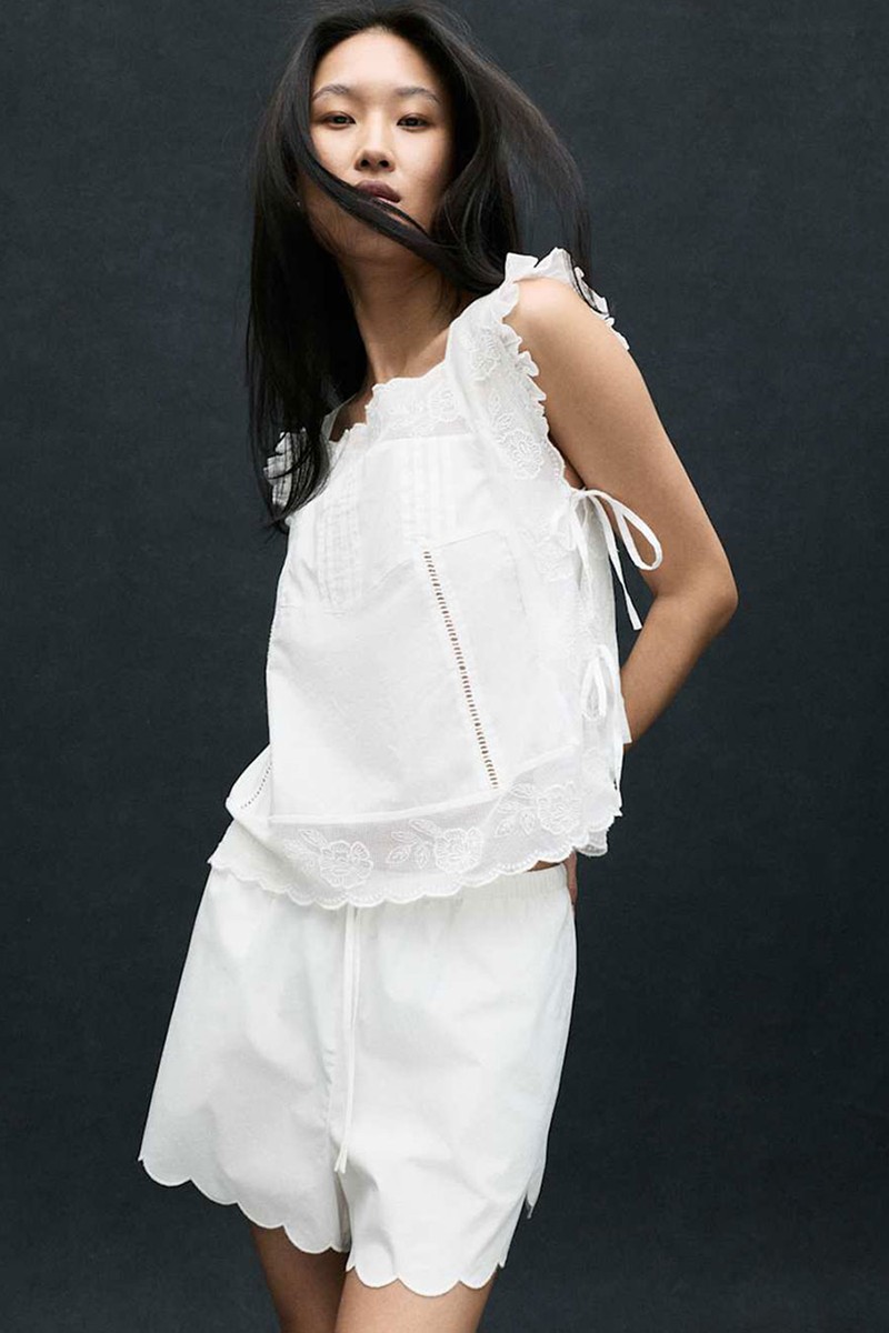 Pure Cotton Lace Bib Detail Embroidered Top from Marks & Spencer