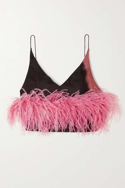 Poppy Cropped Feather-Trimmed Printed Satin-Twill Camisole from 16 Arlington 