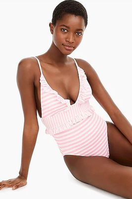 Ruffle Plunging One-Piece Swimsuit In Mixed Stripe