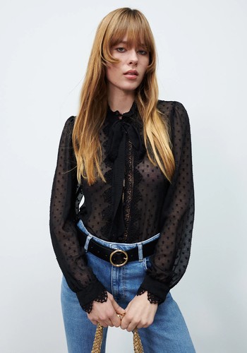 Dotted Mesh Blouse With Lace from Zara