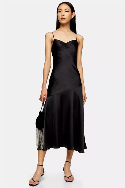 Black Ruched Bias Satin Slip Dress