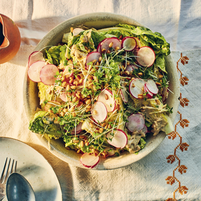 Baby Gem Salad With Radish, Pine Nuts & Anchovy Dressing