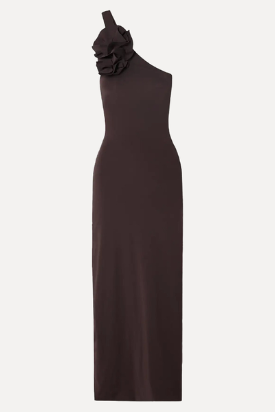 Adda One-Shoulder Appliquéd Stretch-Jersey Maxi Dress from Maygel Coronel