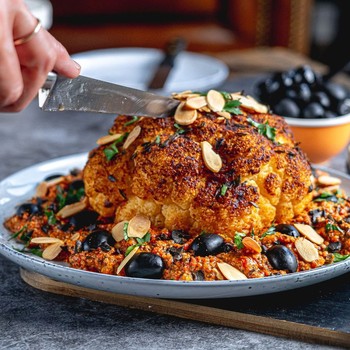 Roast Spice Cauliflower With Romesco & Olives