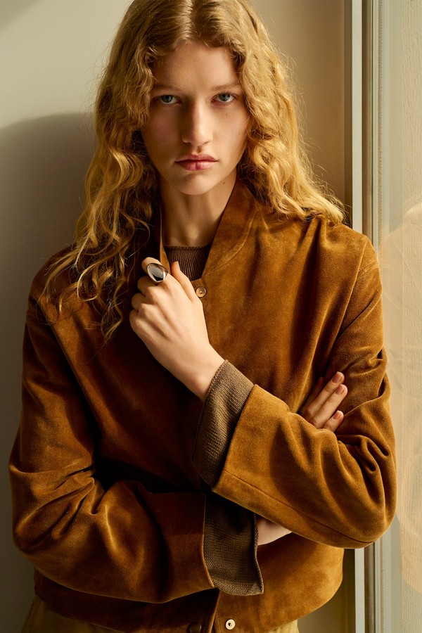 Suede Leather Bomber Jacket With Gold Snap Buttons