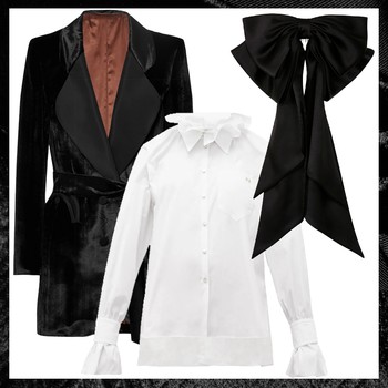 Velvet Blazer, Blazé Milano | Ruffled-Collar Poplin Shirt, Hillier Bartley | Milagros Bow, Emily London