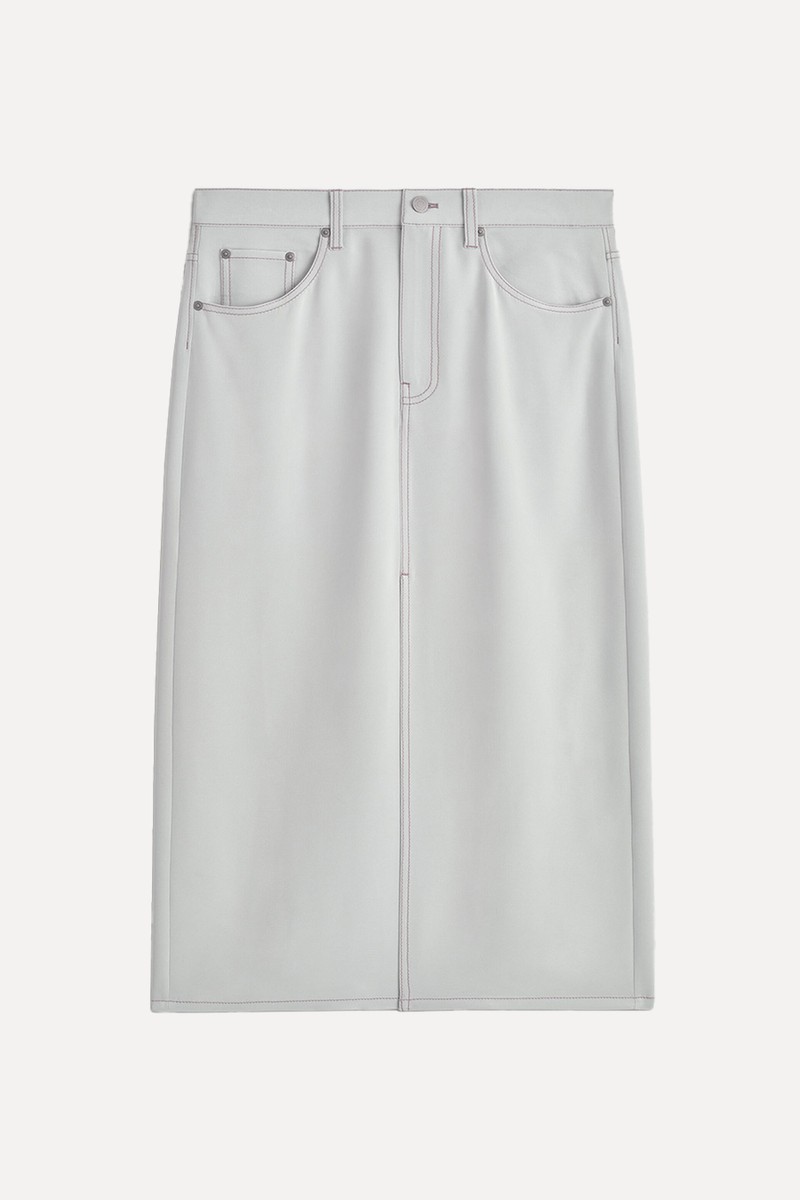 Denim-Effect Silk Midi Skirt