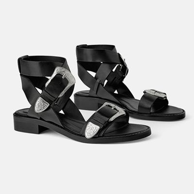 Leather Flat Cowboy Sandals from Zara