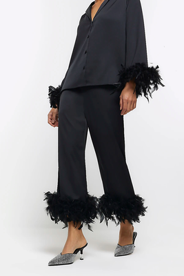 Satin Feather Trim Crop Trousers from River Island