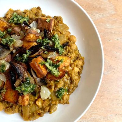 Dhal served with roasted sweet potato, grilled mushrooms and shallots & a coriander & lime gremolata.