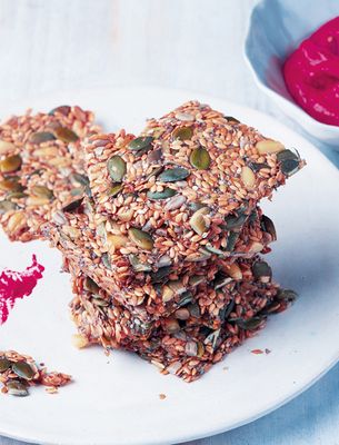 Chia Seed Crackers With Beetroot & Garlic Dip