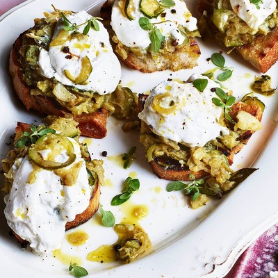 Burrata On Bruschetta With Stewed Courgettes & Fennel 